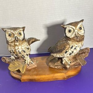 Homco Owl Figurine Set on Wooden Base
